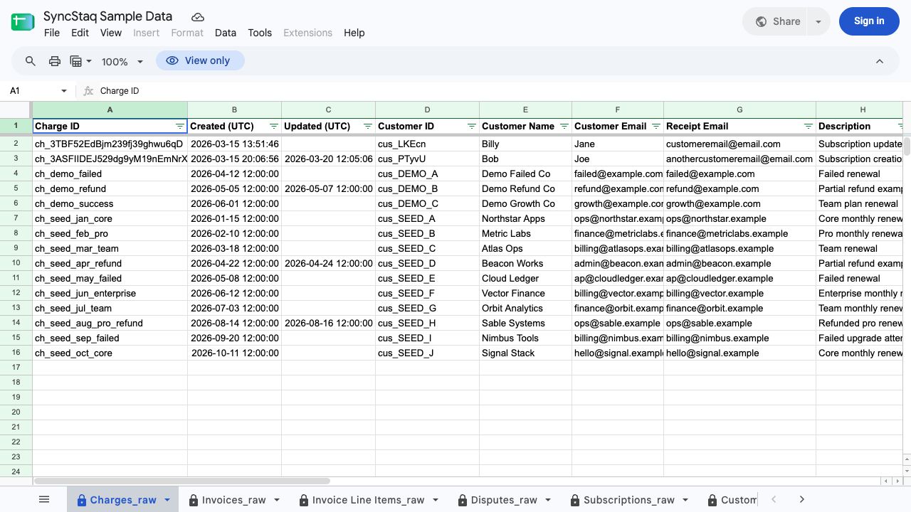 Public SyncStaq Sample Sheet with example charge records, customer references, and separate billing data tabs.